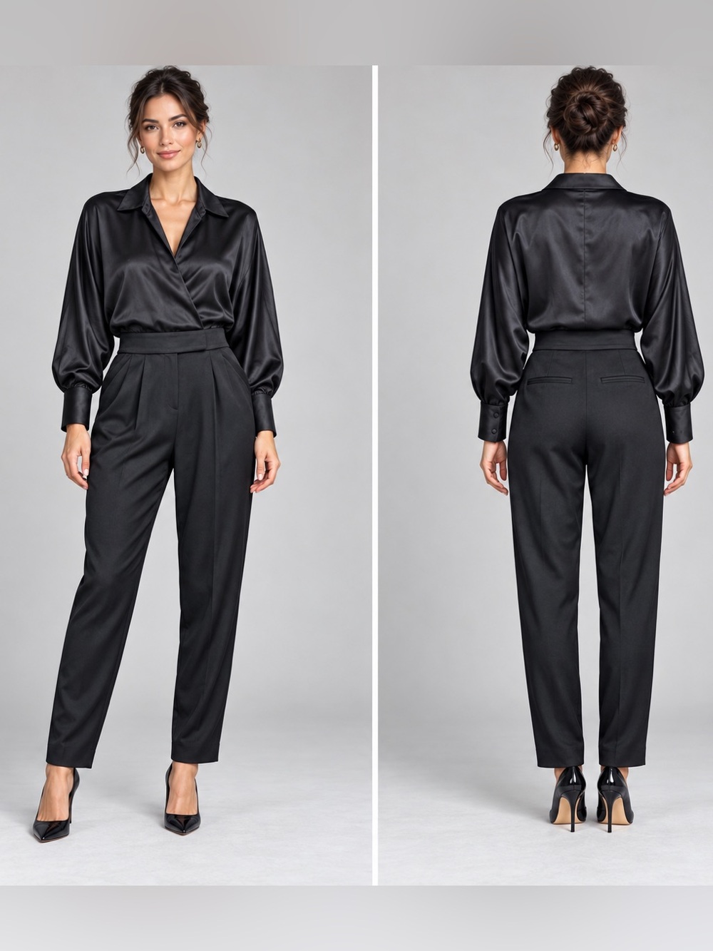 Equipment Femme Black Satin & Wool Long Sleeve Wrap Jumpsuit Size 0